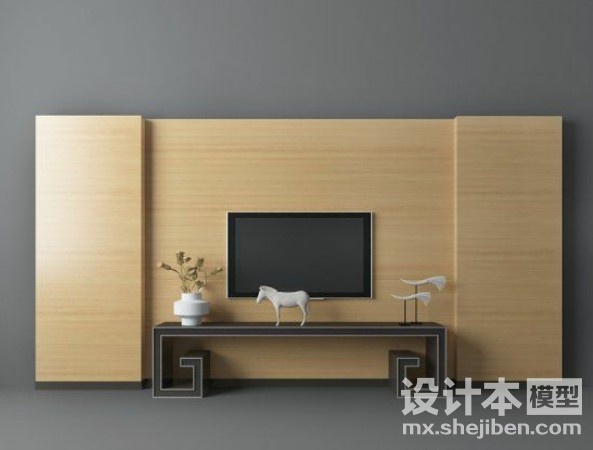 实木整体电视墙3d模型下载