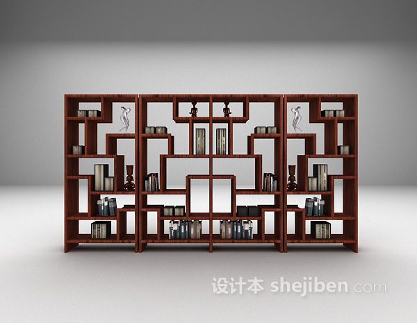 中式书柜展示架组合3d模型下载