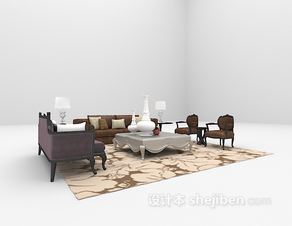 欧式棕色皮沙发3d模型下载