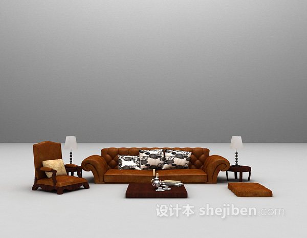 欧式古典皮沙发组合3d模型下载