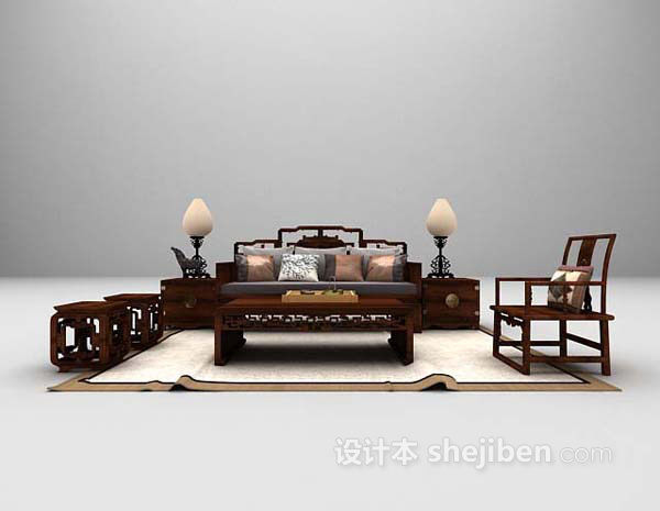 中式组合沙发3d模型下载