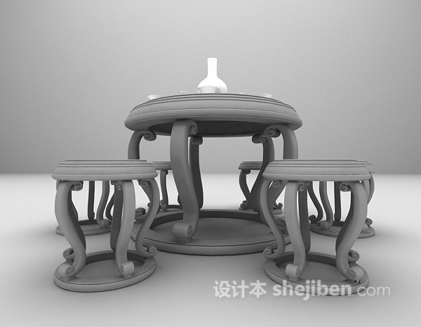 中式圆桌圆凳组合3d模型下载
