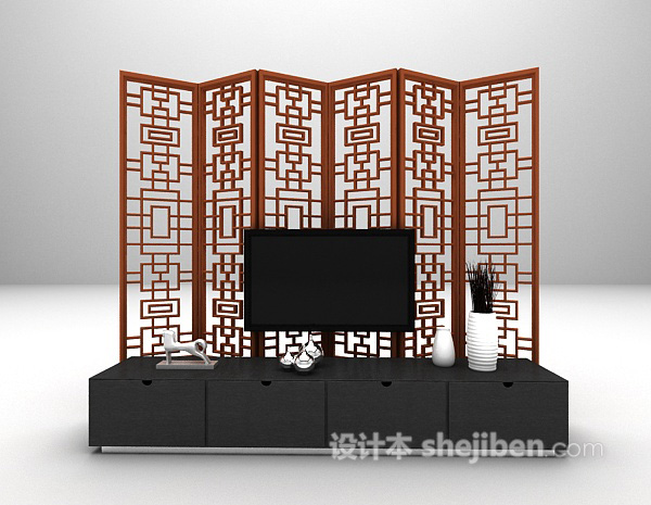 中式电视背景墙3d模型下载