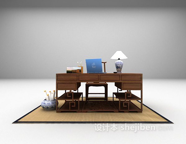 中式风格书桌3d模型下载