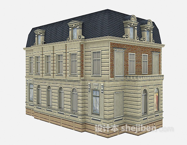 欧式蓝色屋顶别墅3d模型下载