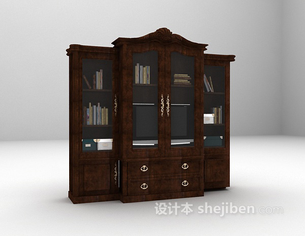 棕色木质书柜3d模型下载