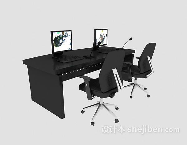 监控室实木桌椅组合3d模型下载