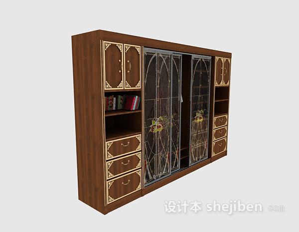 带书架的推拉门大衣柜3d模型下载