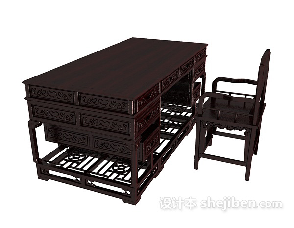 中式办公桌3d模型下载
