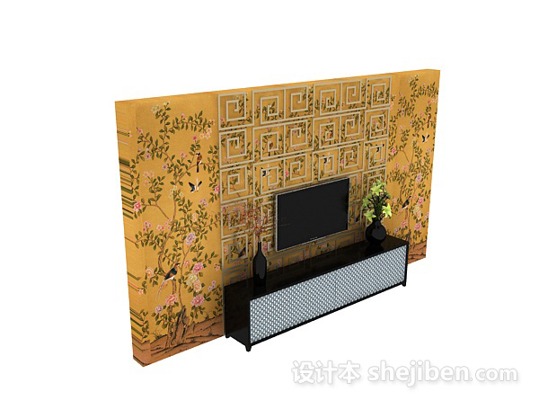 新中式电视墙3d模型下载