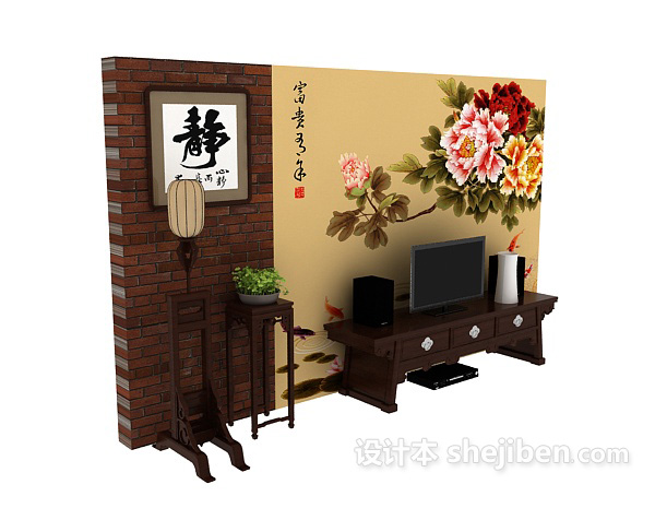 中式电视背景墙3d模型下载