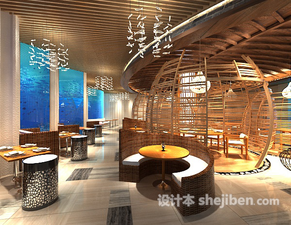 工装餐厅木质吊顶3d模型下载