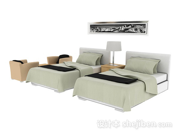 简约双人间床3d模型下载