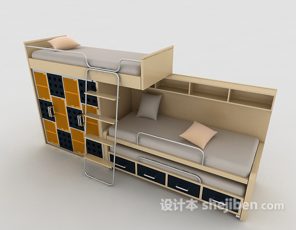 实木整体上下铺3d模型下载