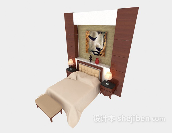 家庭实木双人床3d模型下载