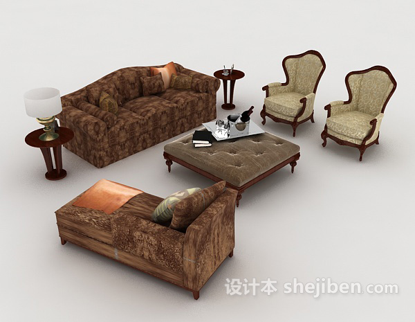 中式复古棕色组合沙发3d模型下载
