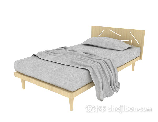 灰色木质单人床3d模型下载