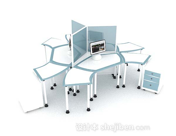 蓝白多人办公桌3d模型下载
