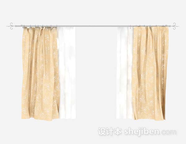 黄色花纹双层窗帘3d模型下载