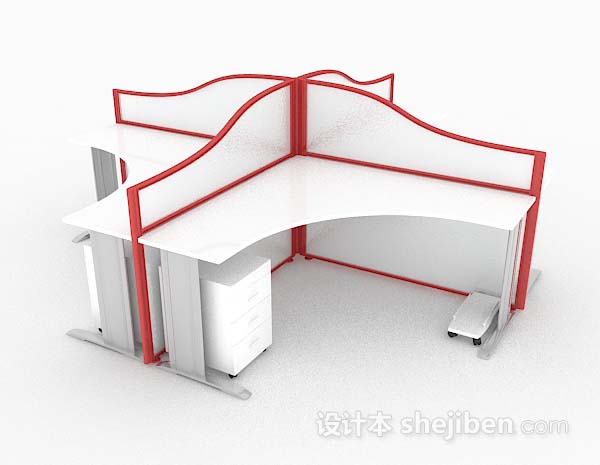 白色红边四人办公桌3d模型下载