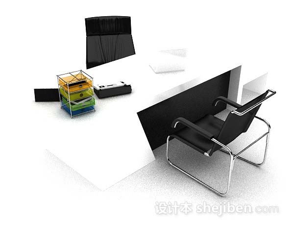 现代黑白简约办公桌椅3d模型下载