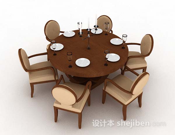 棕色木质圆餐桌椅3d模型下载