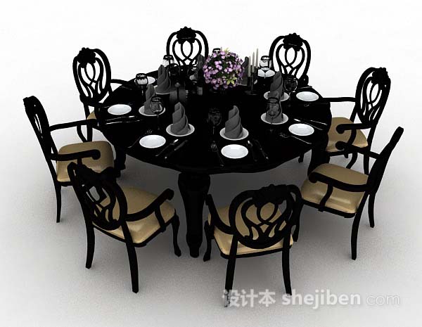 黑色圆形餐桌椅3d模型下载