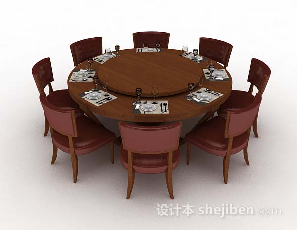 棕色木质圆形餐桌椅3d模型下载