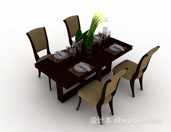 木质棕色餐桌椅3d模型下载
