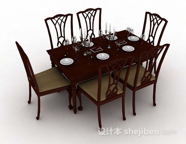 简约木质棕色餐桌椅3d模型下载