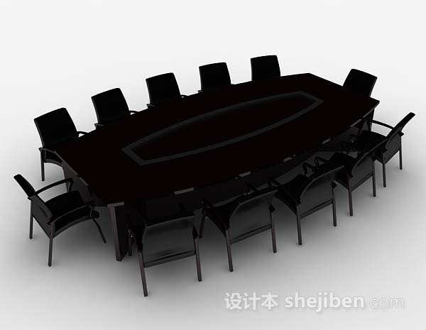 深棕色木质会议桌椅3d模型下载