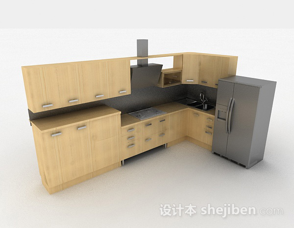 现代米黄色时尚L型整体橱柜3d模型下载