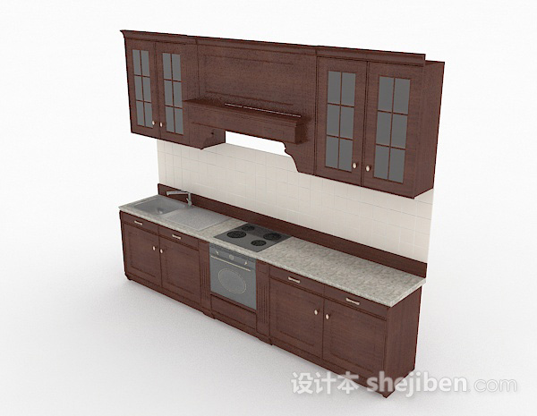 枣红色一字型上下层整体橱柜3d模型下载