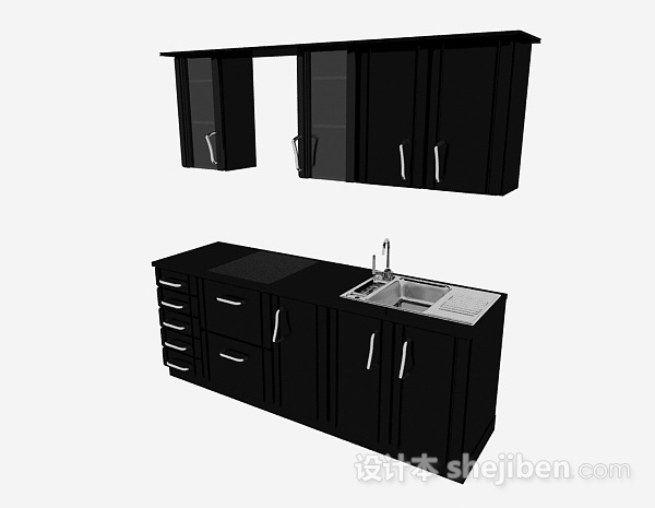 现代风格黑色一字型上下式整体橱柜3d模型下载