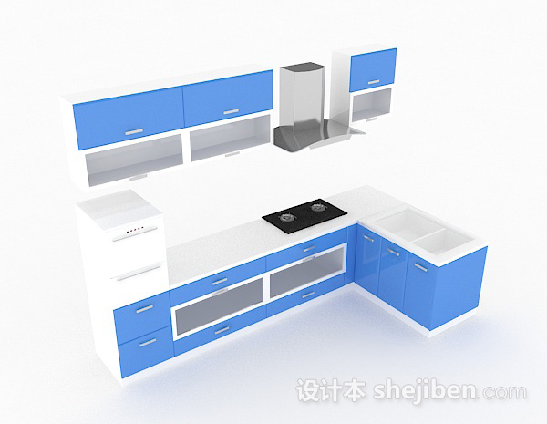 蓝色上下式L型整体橱柜3d模型下载