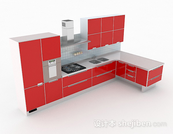 正红色L型整体橱柜3d模型下载