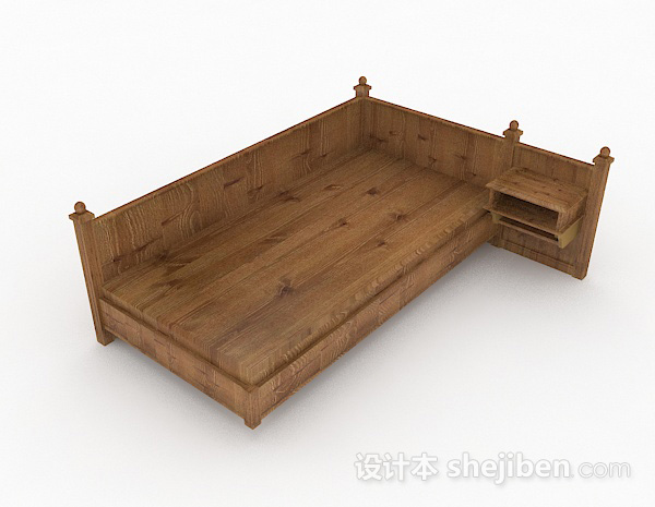 棕色简约木质单人床3d模型下载