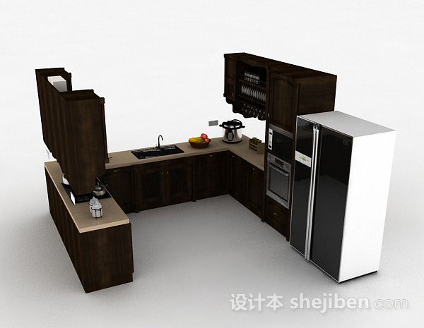 欧式风格U型木质整体橱柜3d模型下载