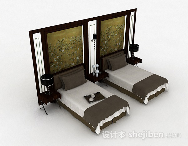 中式单人床组合3d模型下载