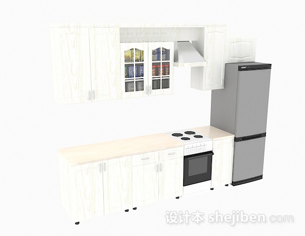 白色简约一字型上下式整体橱柜3d模型下载
