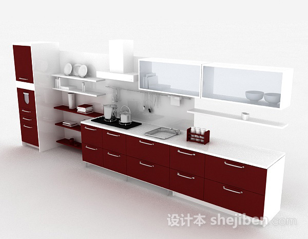 简约红色整体橱柜3d模型下载