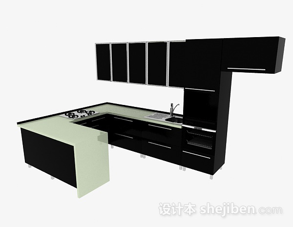 现代风格U字形黑色整体橱柜3d模型下载