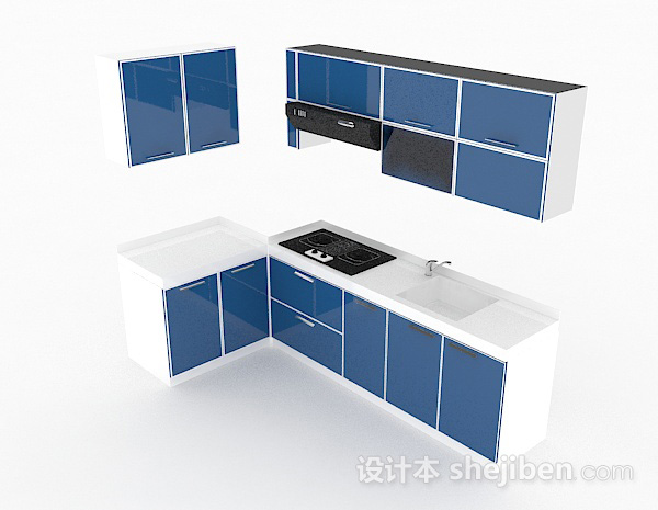 深蓝色L型整体橱柜3d模型下载