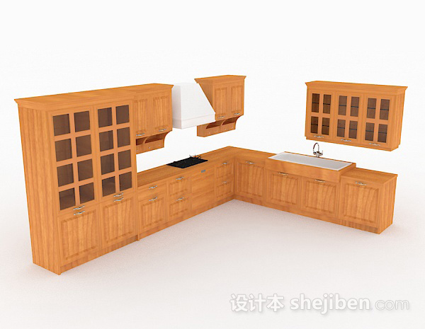 欧式原木色L型整体橱柜3d模型下载
