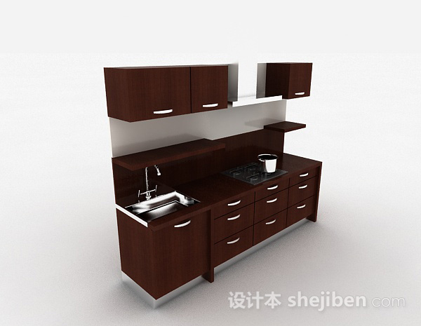 深棕色一字型上下式整体橱柜3d模型下载