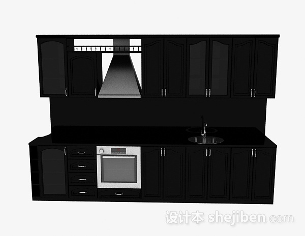最新欧式黑色一字型上下层时尚橱柜3d模型下载