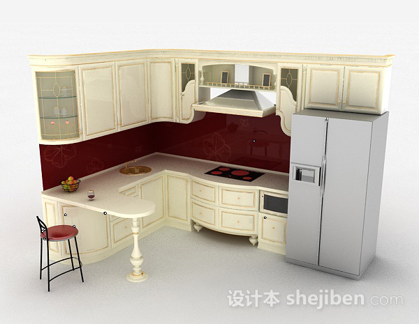 欧式奢华L型整体橱柜3d模型下载