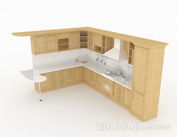 欧式原木色L型上下式整体橱柜3d模型下载
