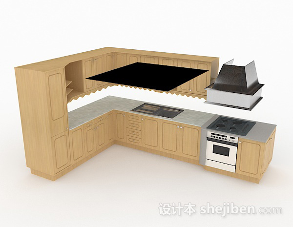 L型米黄色木质整体橱柜3d模型下载