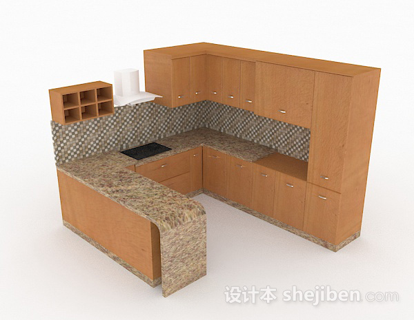 原木色U型整体橱柜3d模型下载